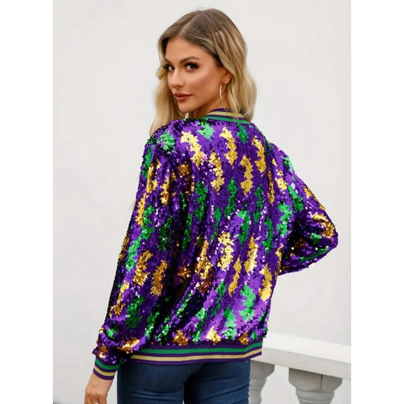 Mardi Gras Purple, Green and Gold Sequins Zip Up Jacket - Picture 3 of 7